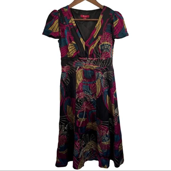 Vintage Y2K Monsoon Silk Dress with Embroidered Stitching Pleated Neckline Sz 4 - Picture 1 of 12